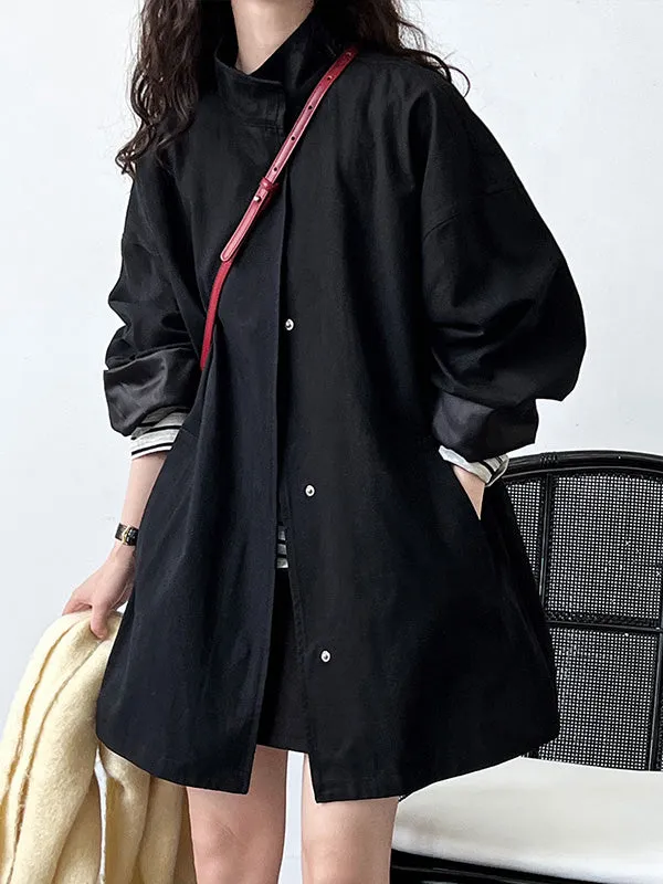 Long Sleeves Loose Pockets Solid Color Stand Collar Outerwear Trench Coats