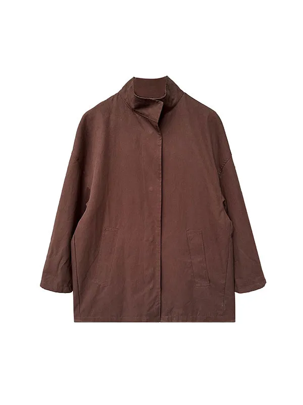 Long Sleeves Loose Pockets Solid Color Stand Collar Outerwear Trench Coats