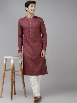 Men's Burgundy & Beige Woven Design Thread Work Kurta - See Designs