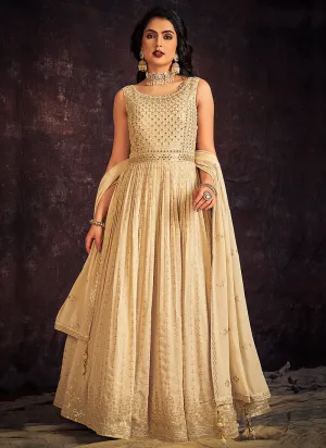 Off White Mirror Work Embroidery Anarkali Gown