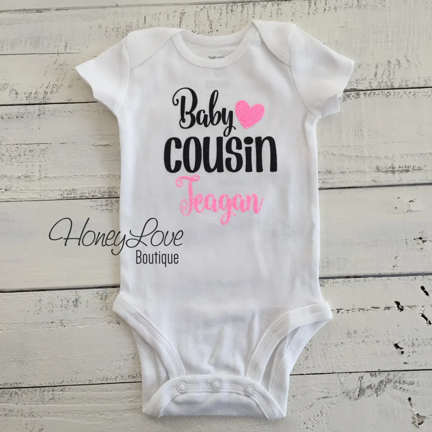 PERSONALIZED Cousin Bodysuits and Shirts - Black and Neon Pink Glitter