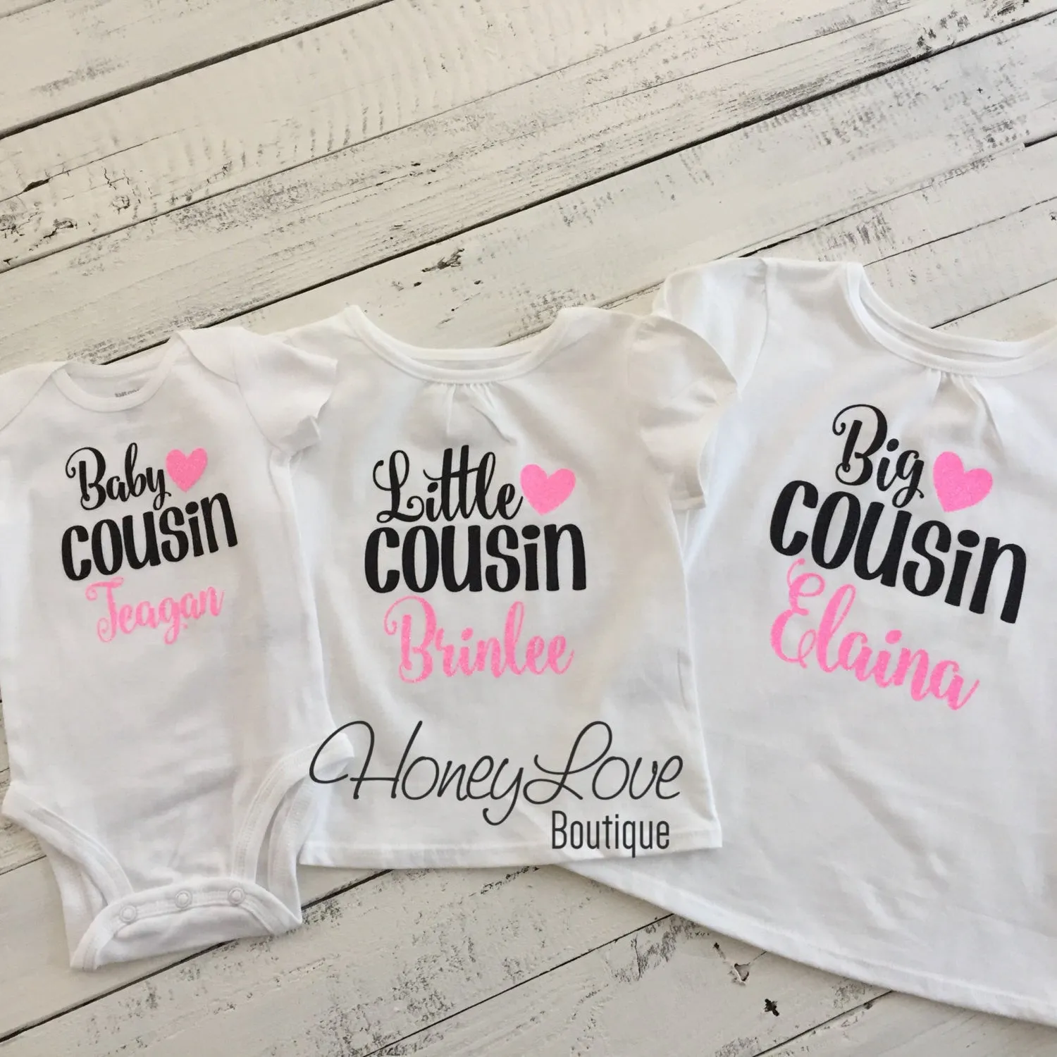 PERSONALIZED Cousin Bodysuits and Shirts - Black and Neon Pink Glitter