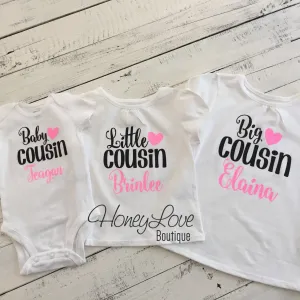 PERSONALIZED Cousin Bodysuits and Shirts - Black and Neon Pink Glitter