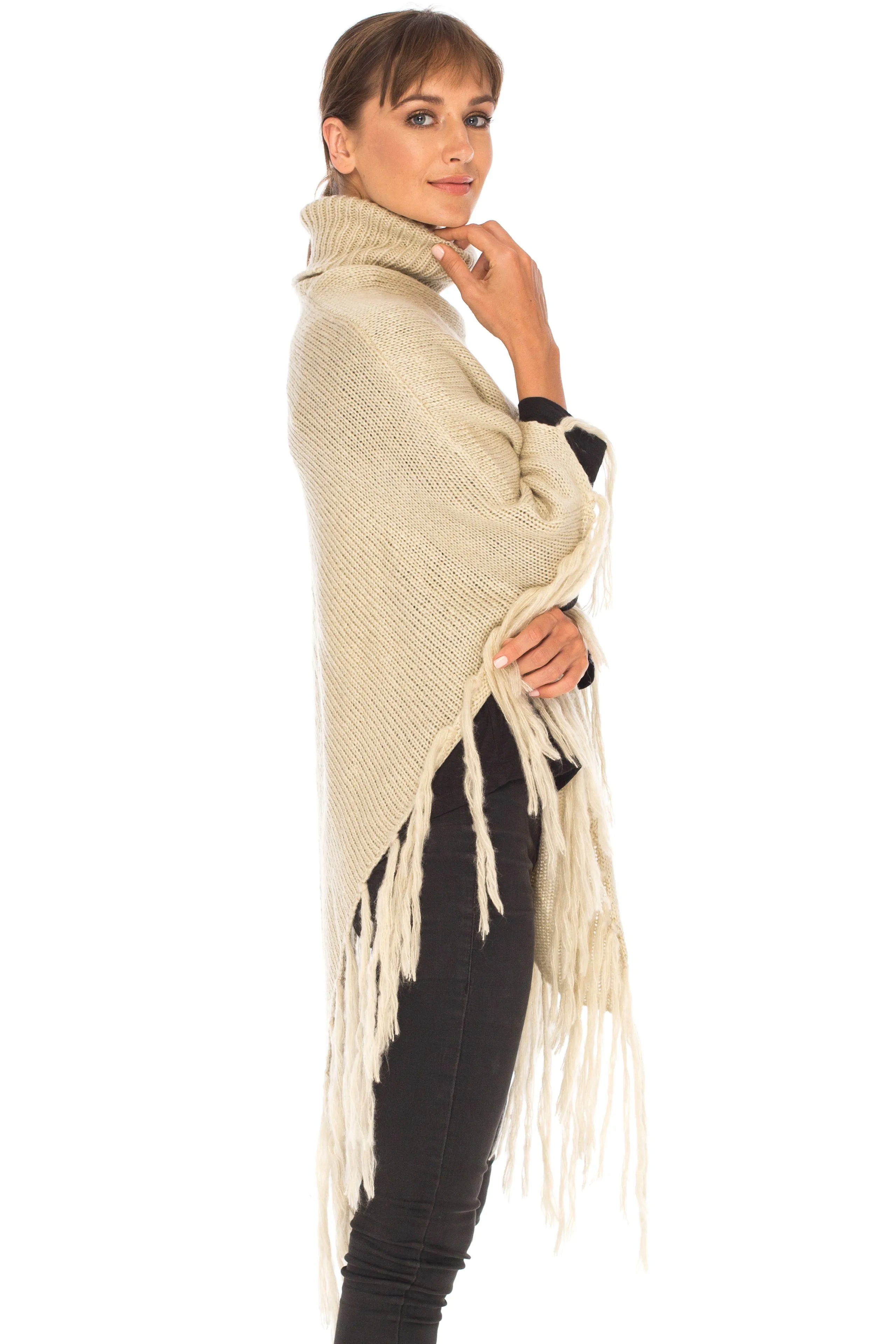 SHU-SHI Women's Cowl Neck Knit Poncho with Fringe - Casual Pullover Sweater