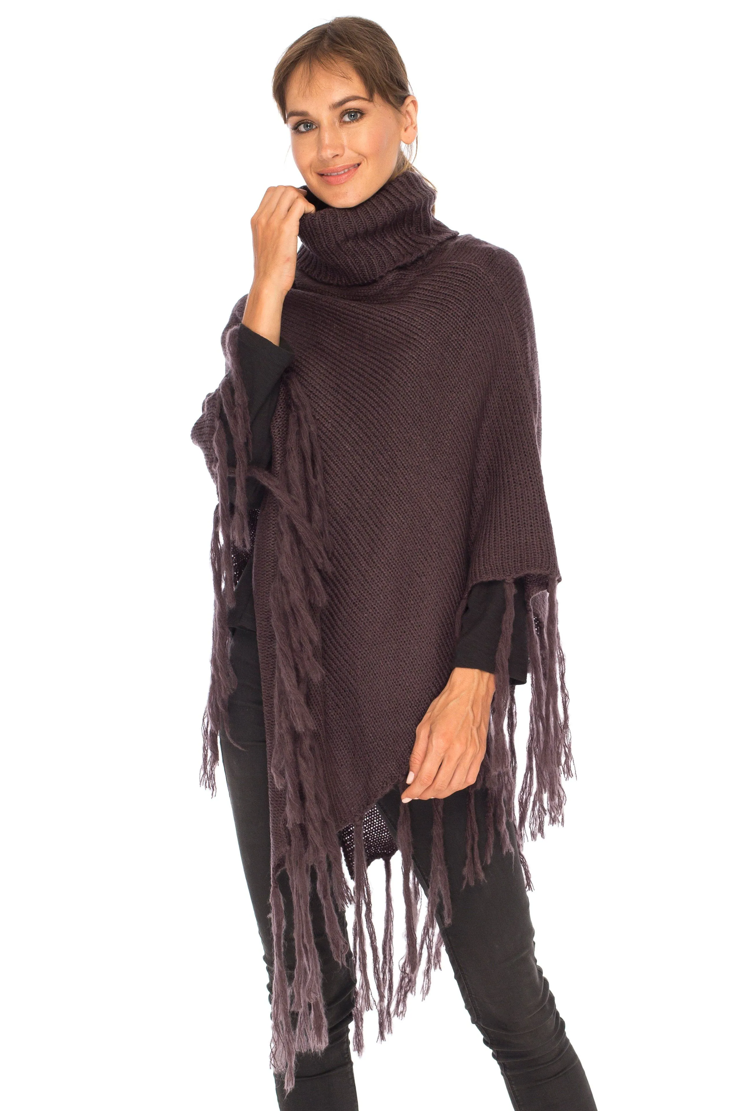 SHU-SHI Women's Cowl Neck Knit Poncho with Fringe - Casual Pullover Sweater