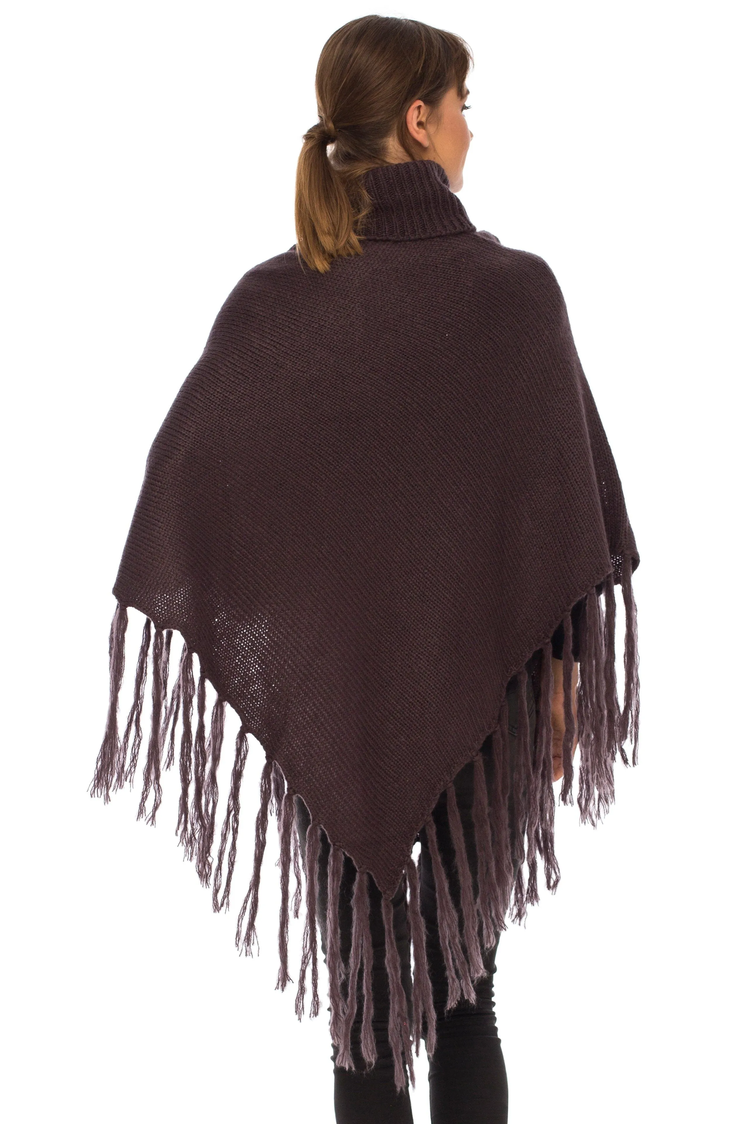 SHU-SHI Women's Cowl Neck Knit Poncho with Fringe - Casual Pullover Sweater