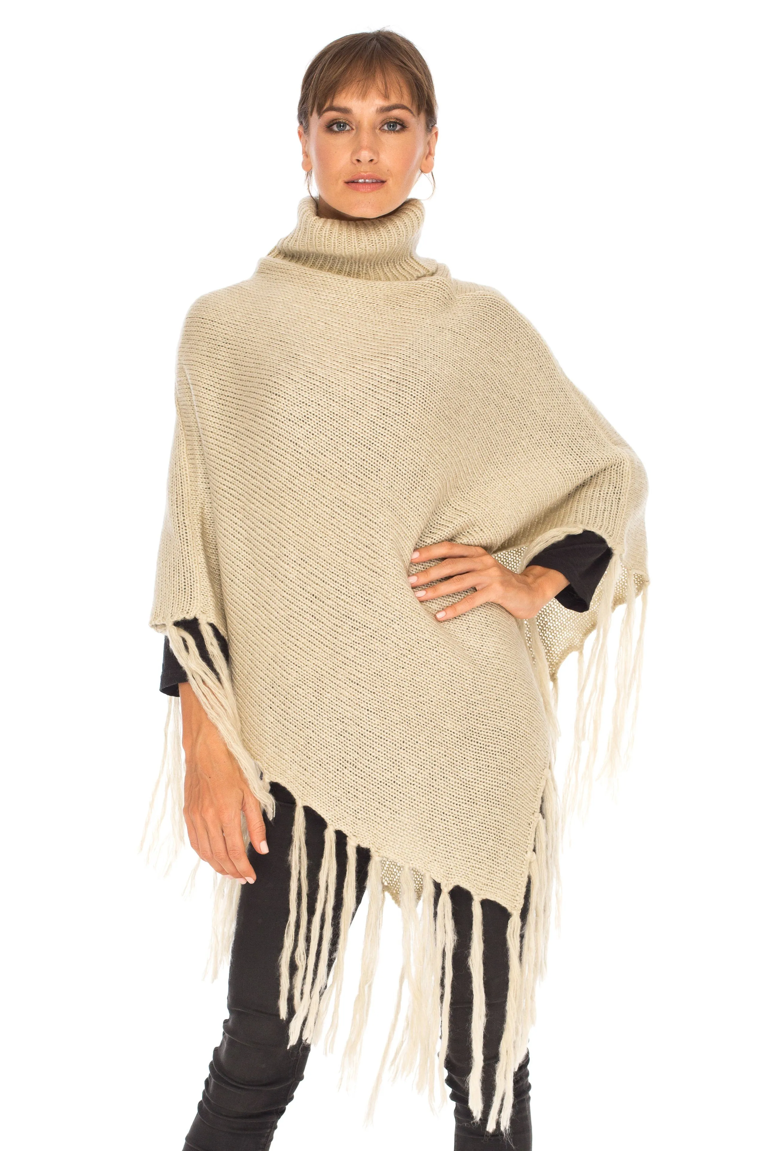 SHU-SHI Women's Cowl Neck Knit Poncho with Fringe - Casual Pullover Sweater