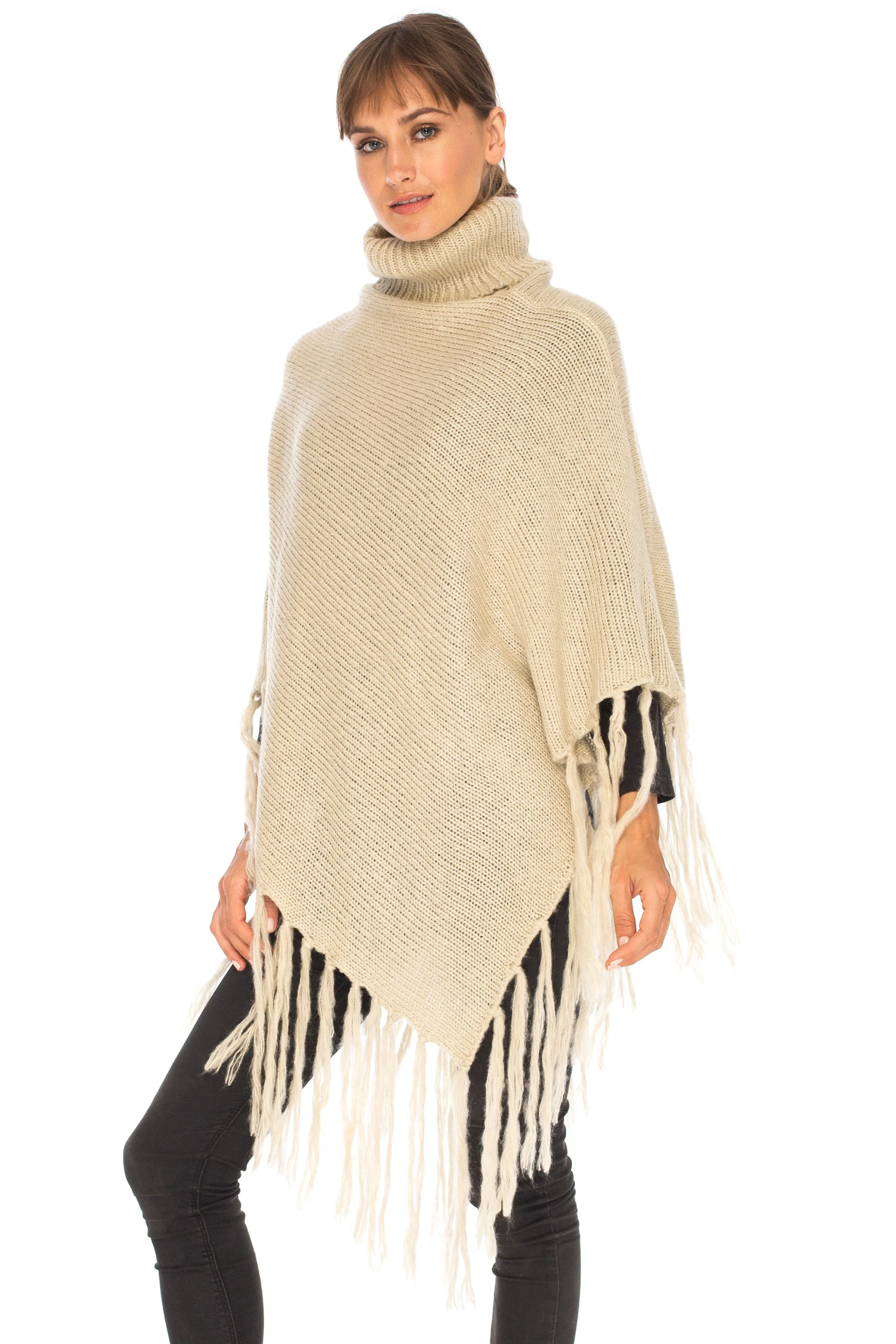 SHU-SHI Women's Cowl Neck Knit Poncho with Fringe - Casual Pullover Sweater