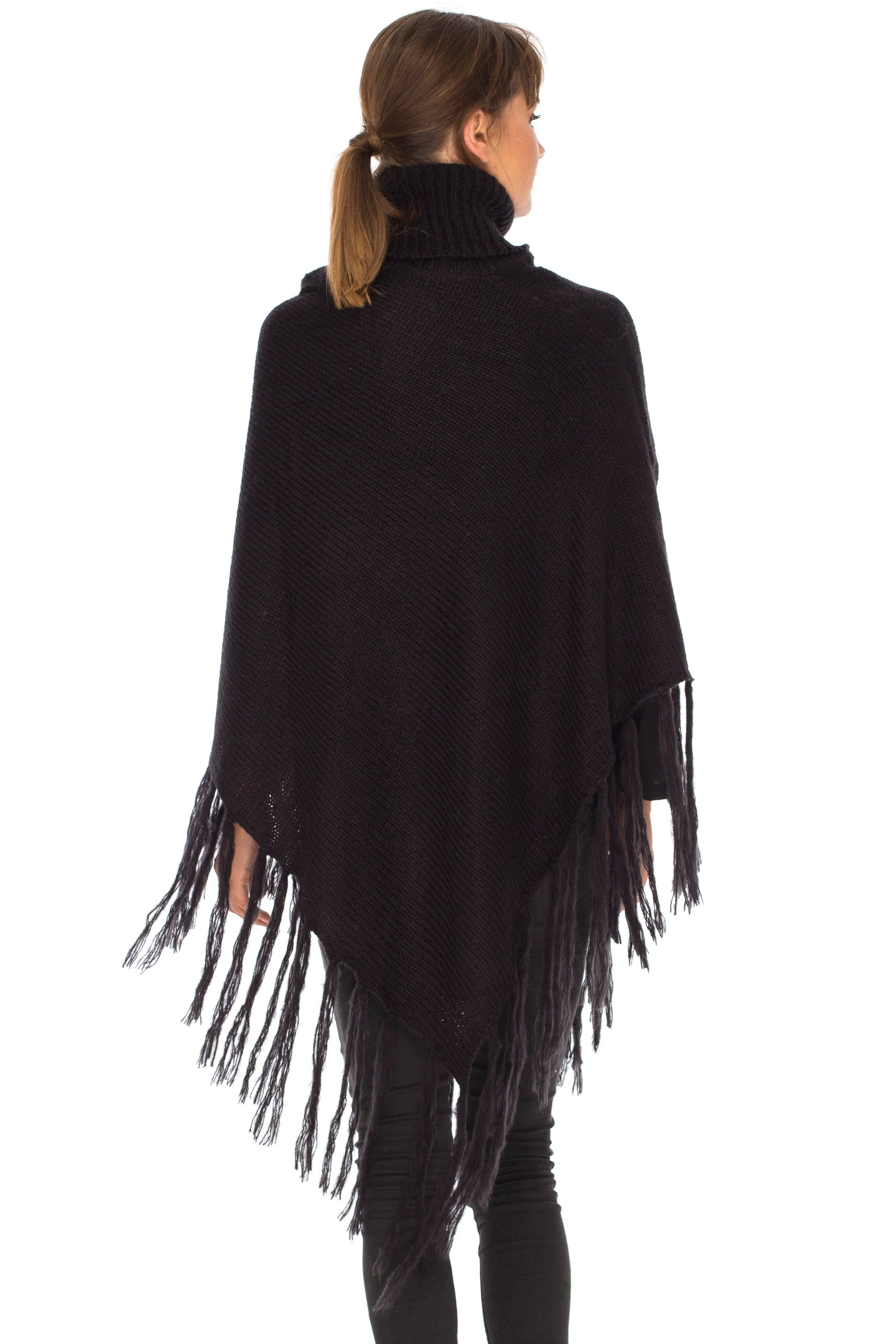 SHU-SHI Women's Cowl Neck Knit Poncho with Fringe - Casual Pullover Sweater