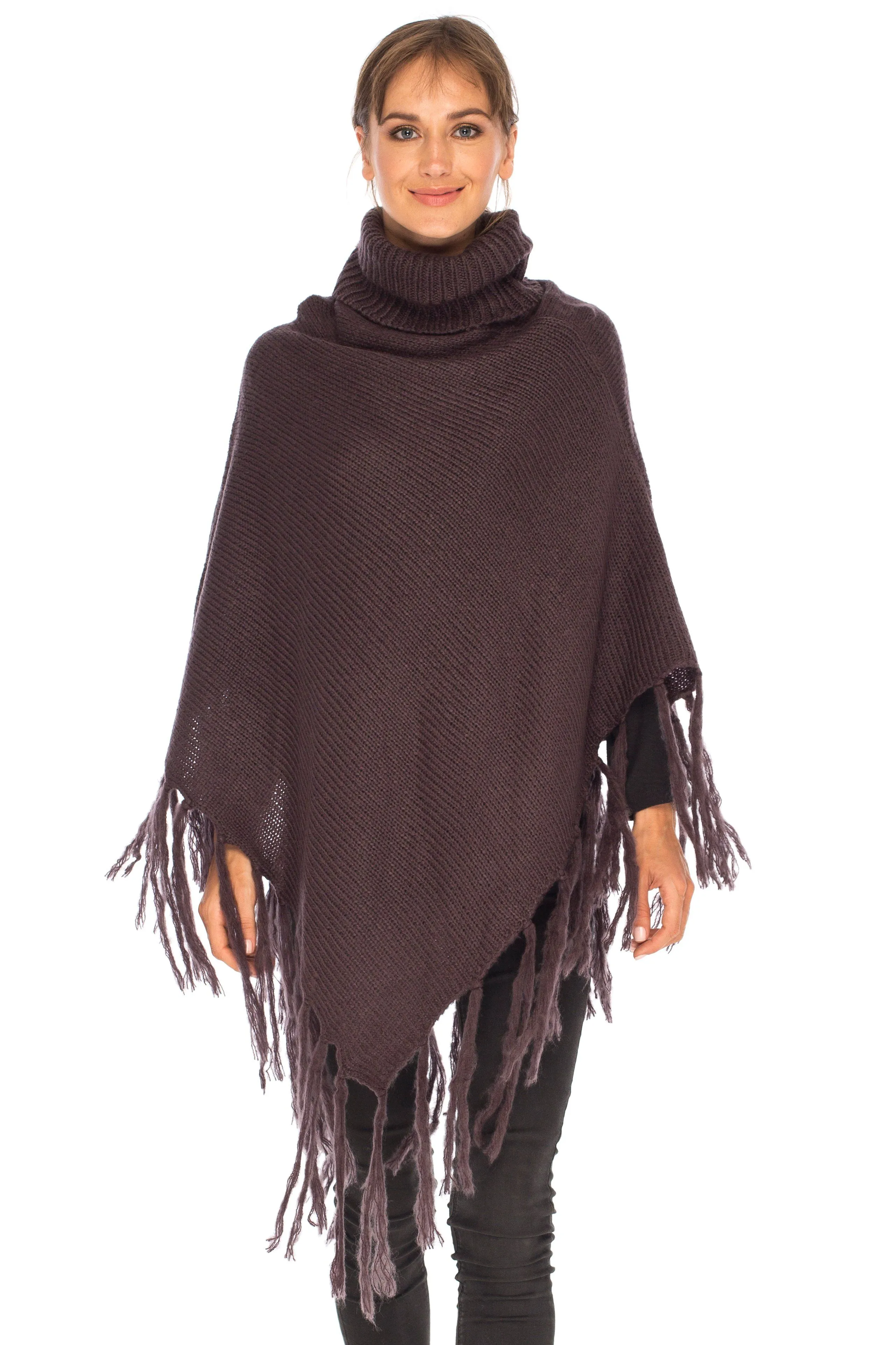 SHU-SHI Women's Cowl Neck Knit Poncho with Fringe - Casual Pullover Sweater