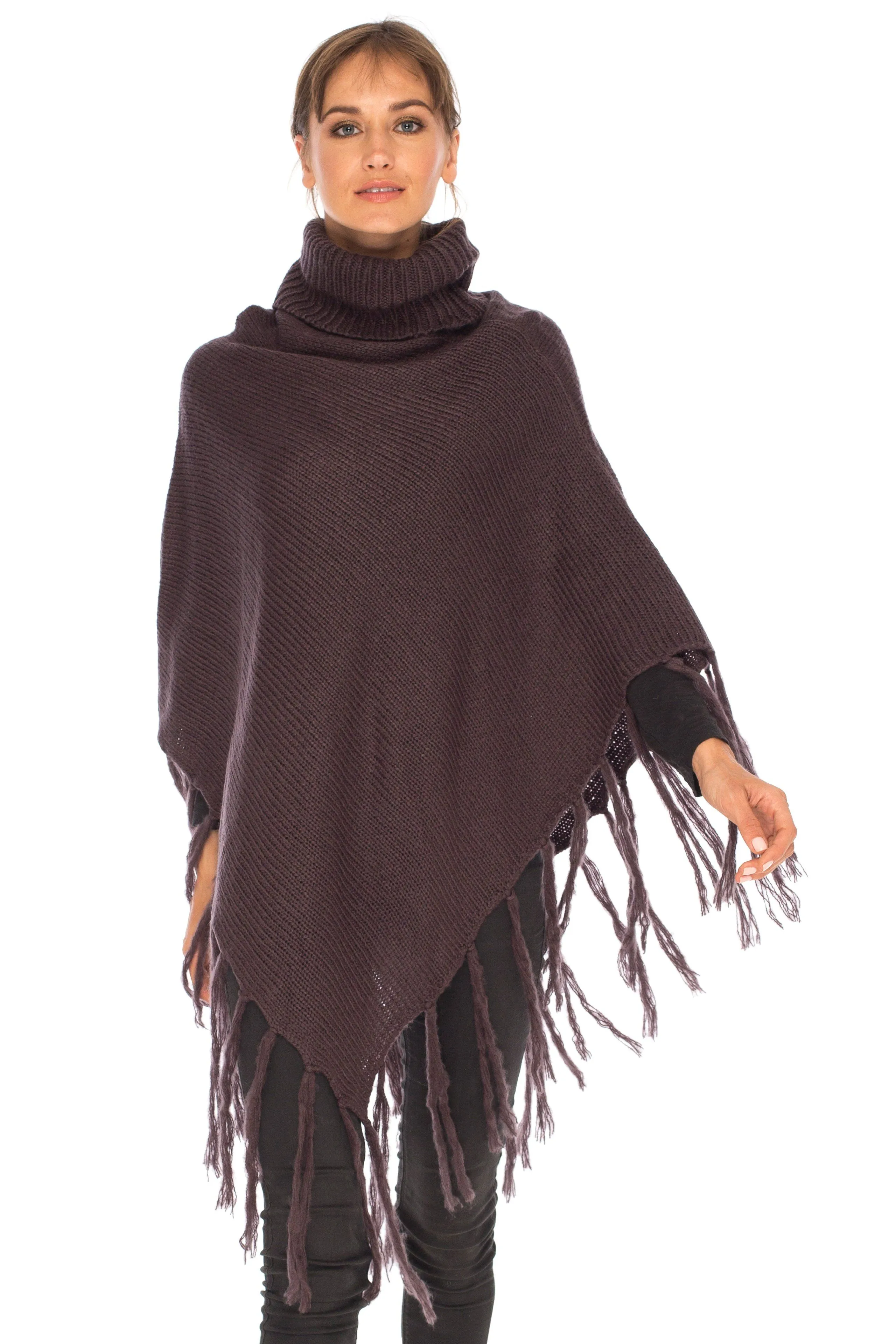 SHU-SHI Women's Cowl Neck Knit Poncho with Fringe - Casual Pullover Sweater