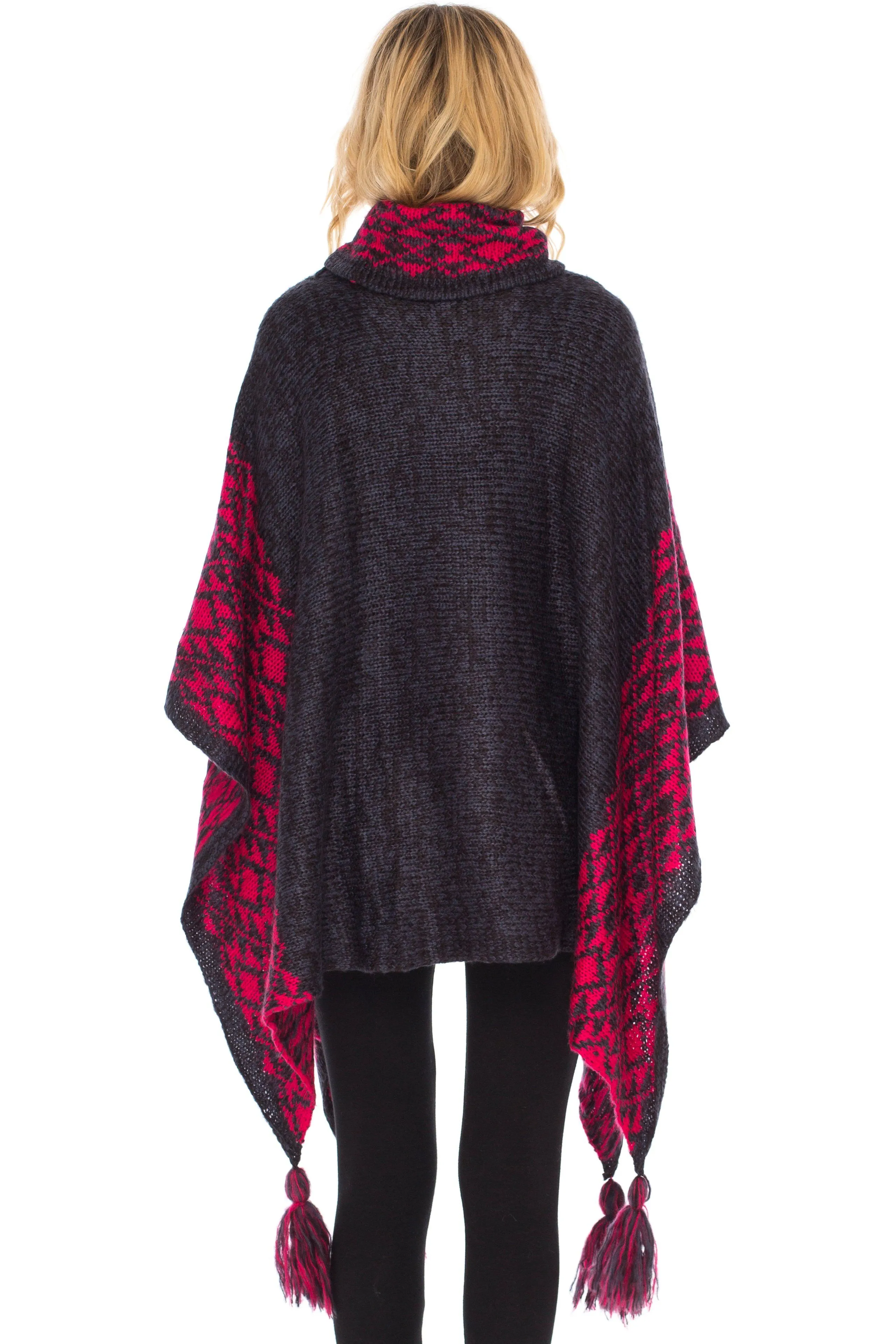 SHU-SHI Women's Knit Poncho | Oversized Cowl Neck Boho Shawl with Tassels | Pullover Sweater Cape