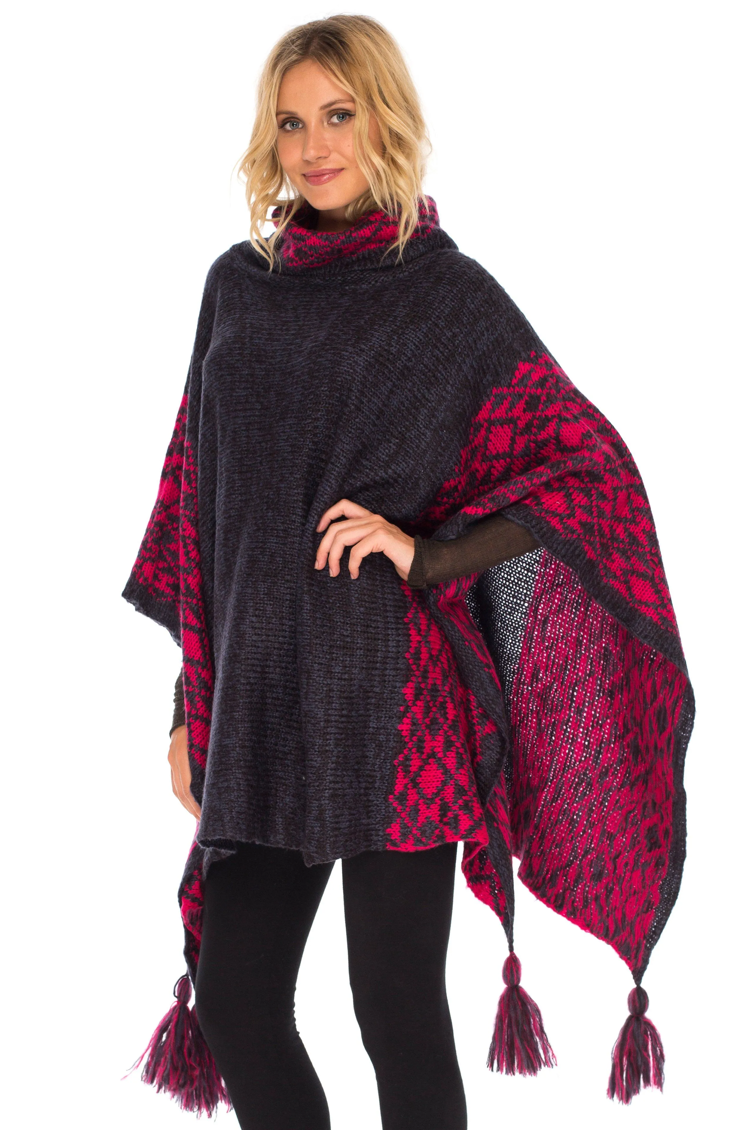 SHU-SHI Women's Knit Poncho | Oversized Cowl Neck Boho Shawl with Tassels | Pullover Sweater Cape