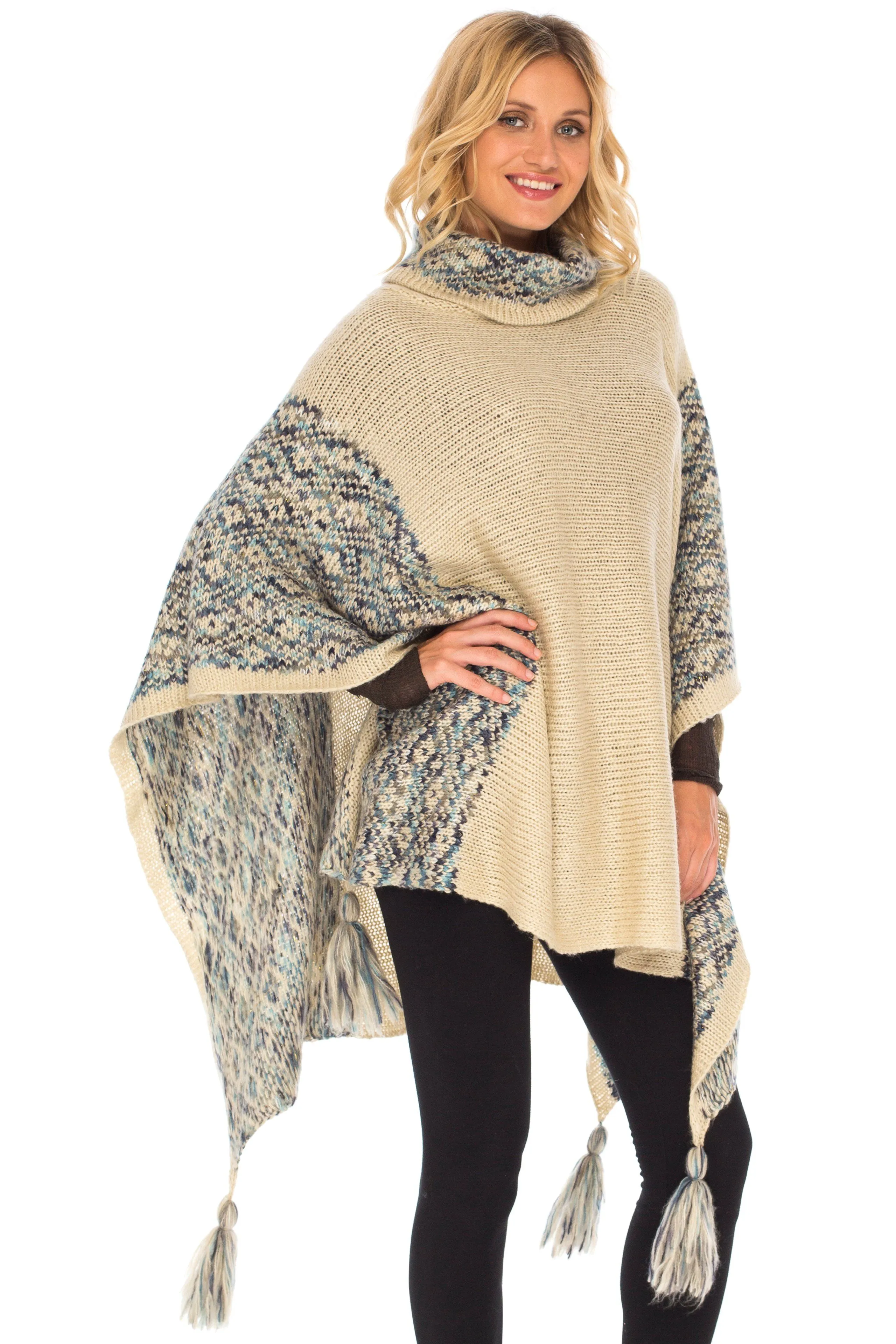 SHU-SHI Women's Knit Poncho | Oversized Cowl Neck Boho Shawl with Tassels | Pullover Sweater Cape