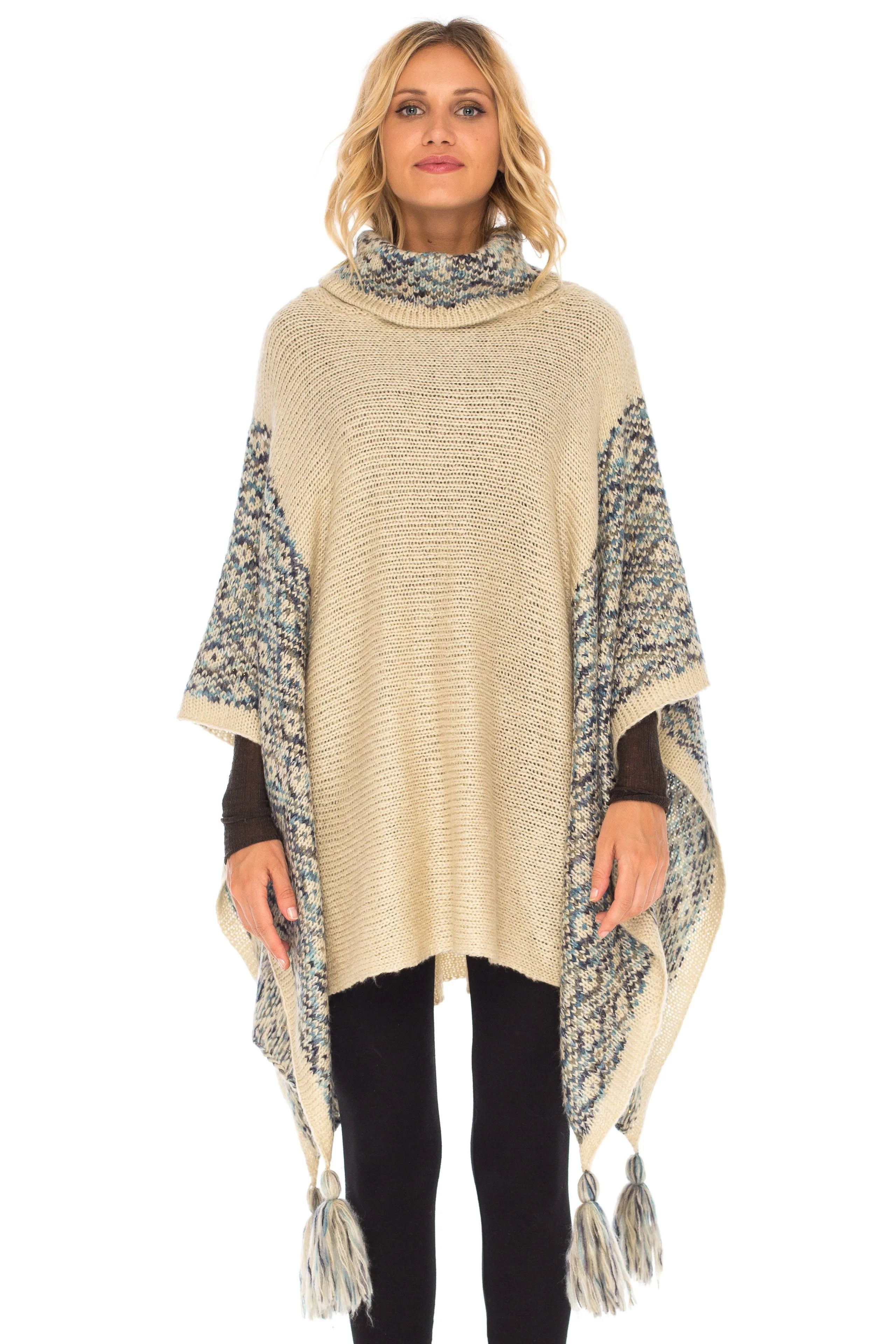 SHU-SHI Women's Knit Poncho | Oversized Cowl Neck Boho Shawl with Tassels | Pullover Sweater Cape