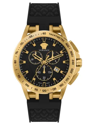 Versace SPORT TECH Mens Chronograph BLACK Dial, YG IP, Black Silicon Strap - Watch VE3E00321