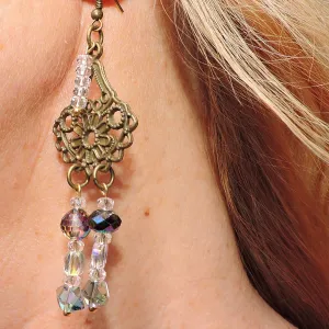 Vintage Bronze Filigree Dangle Earrings with Swarovski Crystals