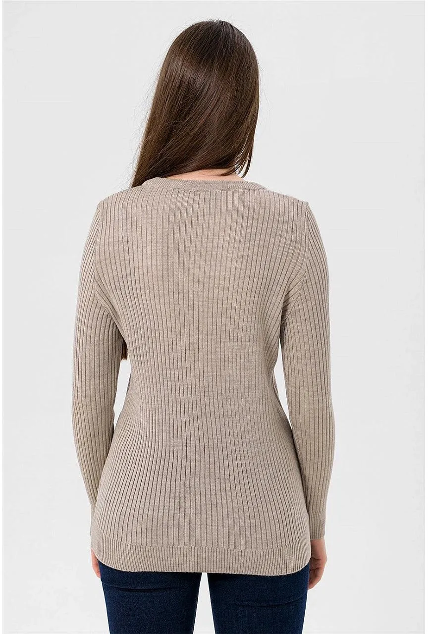 Womens Crew Neck Knitwear Sweater - Stone Color