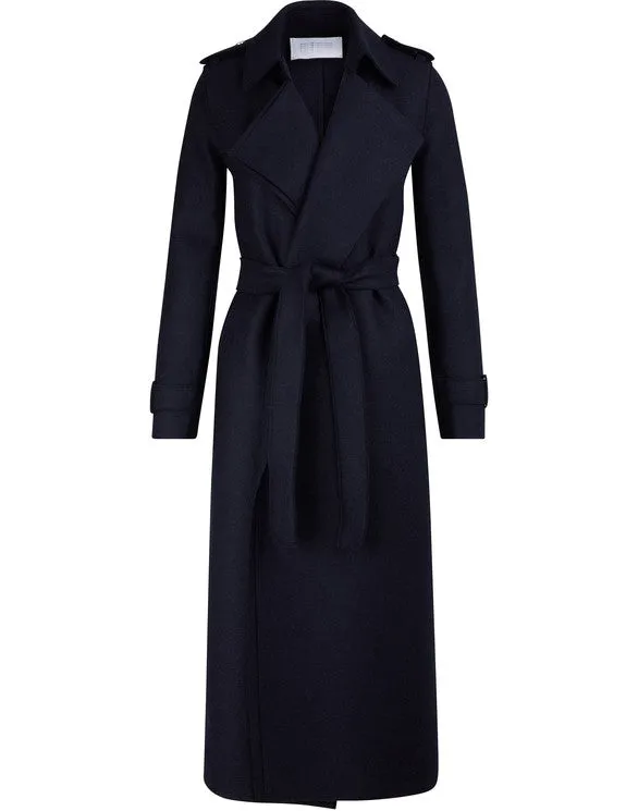 Womens Long Trench Coat Pressed Wool- Dark Navy