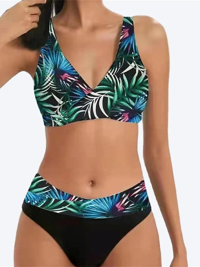 Women's Swimwear Bikini 2 Piece Normal Swimsuit Backless Push Up Printing Striped Leaf Green Black Purple Light Green Wine V Wire Bathing Suits New Stylish Vacation / Sexy / Modern / Padded Bras