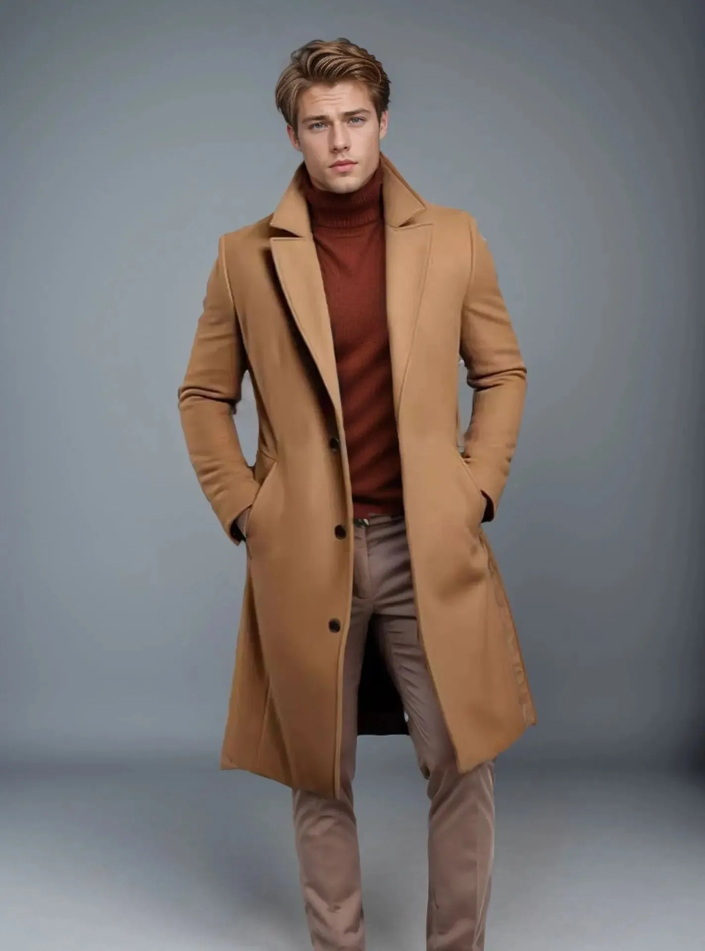 Woollen Men's Mid-length Trench Jacket